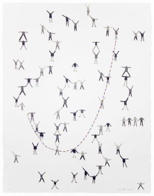 Three-color lithograph with hand-painted collage element by SCUBA: Sandra Wang and Crockett Bodelson. A collaged piece of white, blue, and red twine forms a curve hook shape from lower left to upper right. Groups of children use the twine as a jump rope.