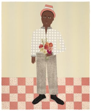 Lithograph by Lucy Fradkin titled "Arthur with Flowers", 2023.