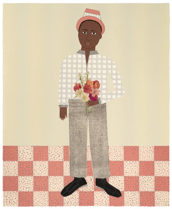 Lithograph by Lucy Fradkin titled "Arthur with Flowers", 2023.