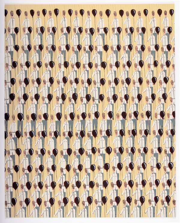 Eight-color lithograph by Ian Davis with a figure in a white suit holding a black balloon in their hand repeated in 12 horizontal rows with 13 figures per row.