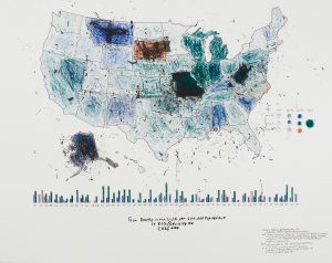 Four-color lithograph by R. Luke Dubois. A map of the United States filled in with rough patches of tints and shades of blue, purple, and orange indicating levels of deaths caused by gun violence by race. The map sits above a bar graph indicating levels of gun-caused death by state.