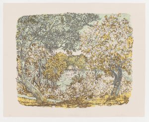 Three-color lithograph by Nancy Friese with a landscape.