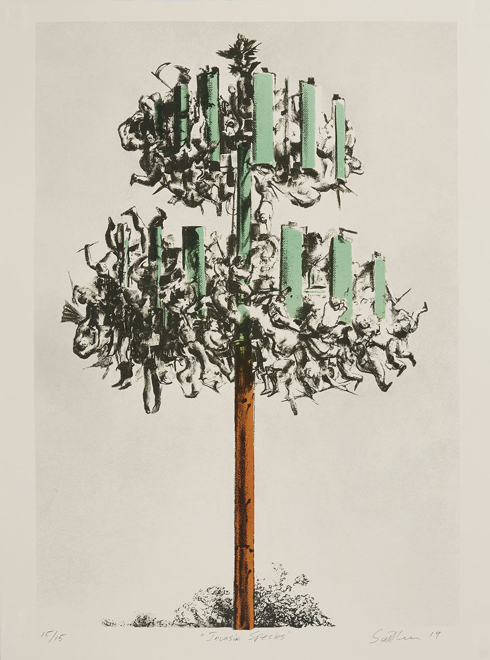 Four-color lithograph by Scott Greene. Tree composed of green and brown wood planks and groups of human limbs in gray tones taking the place of leaves.