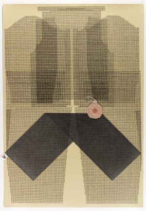 Three-color lithograph with chine collé and hand-knitted element by Ellen Lesperance.