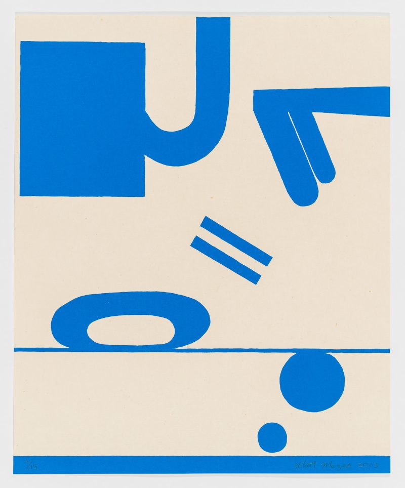 Single-color lithograph by Matt Magee with blue characters and figures scattered across a vertical composition.