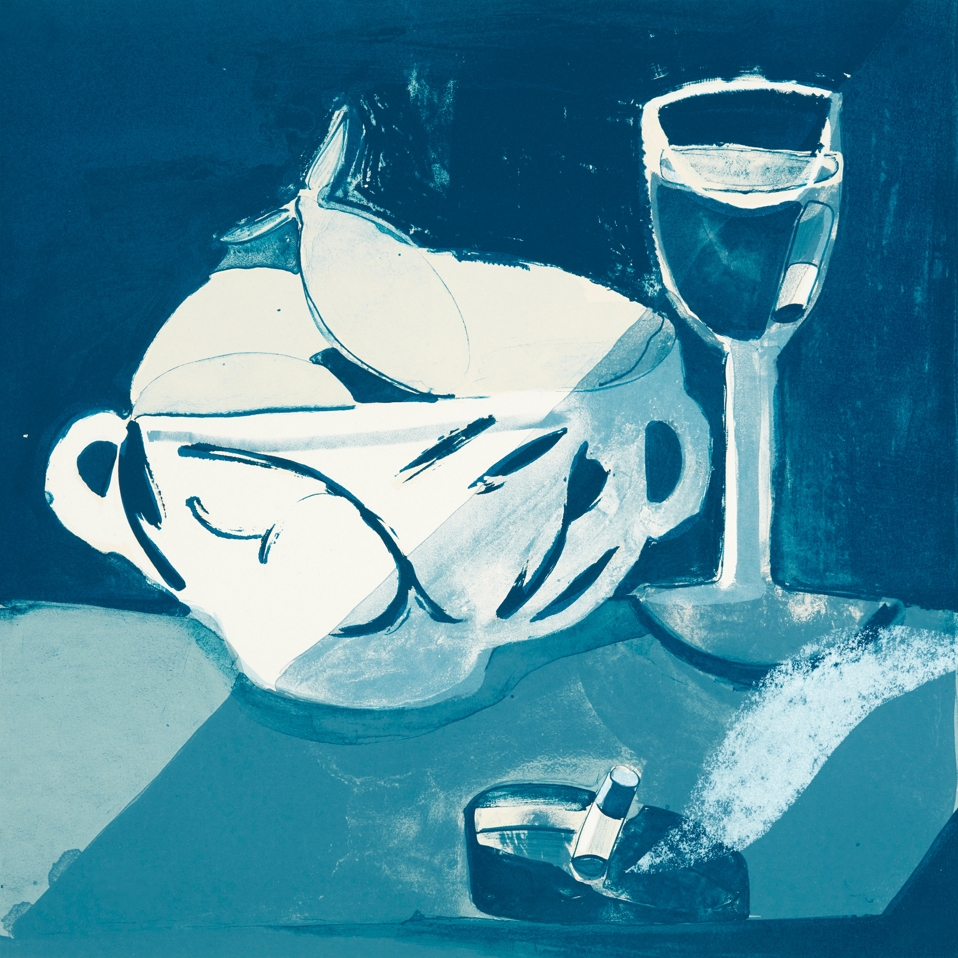 Five-color lithograph by Danielle Orchard; still life in blue tones.