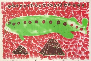 Two-color lithograph by Robert Fichter with a green fish swimming in red water over two brown, triangular rocks.