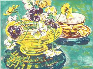Four-color lithograph with still life by Janet Fish. A yellow bow with a green base and yellow and purple tea cup on a saucer sit at a diagonal from the lower left to upper right on a green background. The bowl holds a bouquet of white, yellow, and purple flowers.