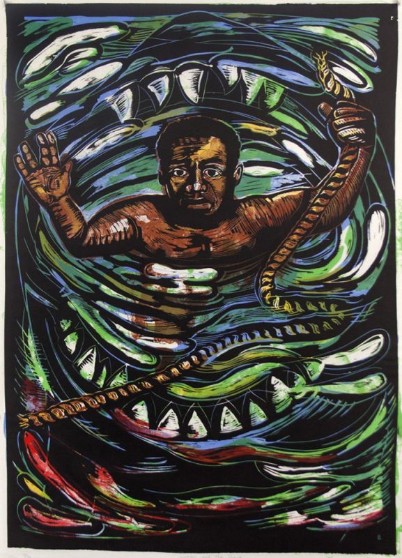 Six-color lithograph on Mulberry paper by Eric Avery. A Black man is encircled by a shark’s mouth from the chest down. He raises his arms and holds a rope with a frayed end in his left hand.
