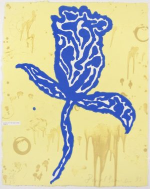 Lithograph by Donald Baechler with the outline of a thistle in blue against a pale yellow background with darker yellow drips and spatters.