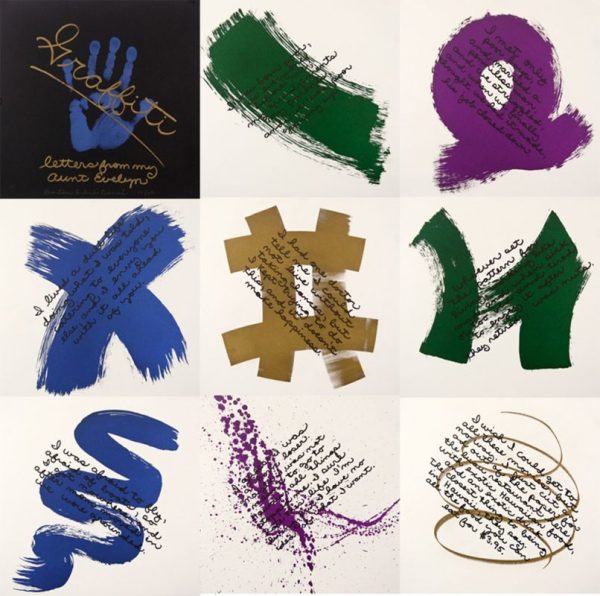Series of nine lithographs by Barton Benes with painterly tags in blue, green, purple, and brown arranged in rows of three.