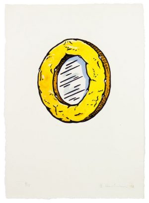 Six-color lithograph by Edward Henderson with cake and yellow frosting in the shape of an O. 
