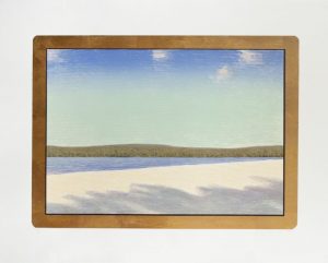 Fifteen-color lithograph by John Beernman with a cropped view of a shoreline and sky in blue and beige tones framed by a gold-leaf rectangle.