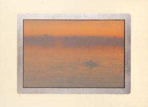 Lithograph by John Beerman with a seascape in orange, blue, and purple tones framed with a rectangle in silver leaf. A figure paddles a row boat to the right of the frame.