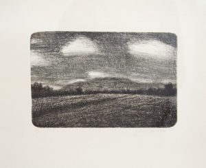 Lithograph by John Beernman with a landscape in gray tones with mountains across the horizon line in the mid ground.