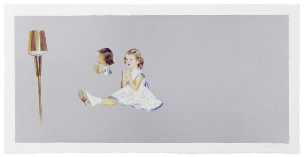Five-color lithograph by Harrell Fletcher. A girl in a white dress with blue trim sits in a three-quarters view with her legs extended.