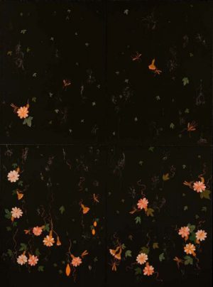 Six-color lithograph by Nancy Friedemann with flowers in tints of coral and white floating from the top of the composition at various depths of field.