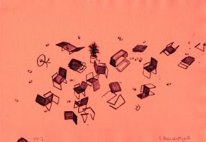 Two-color lithography by Chris Ballantyne. Picnic implements including lawn chairs, tables, a cooler, and potted plant in black and subtle red tones scattered against a coral background.