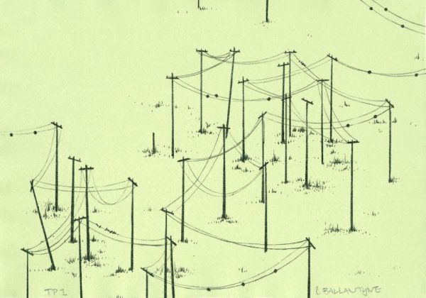 Lithograph by Chris Ballantyne with a network of black power lines and poles zig zagging across a pale lime green background.