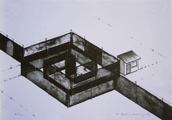 Two-color lithograph by Chris Ballantyne depicting the aerial view of a diagonal wall with a square maze connected to a small shed on a lavender background.