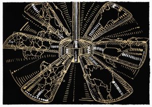 Lithograph by Abel Barroso depicting a tan six-bladed propeller printed in black and white on tan paper. Each propeller blade contains the shape of a continent outlined in tan.