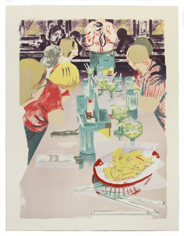 Lithograph by Stella Ebner with a group of people gathered around a restaurant table with a gray table cloth. A photographe depicted from the neck down holds a camera as if preparing to make an image of a group of diners seated at a long table. 4 figures on the left side and 2 figures on the left side of the table look towards the photographer.A bowl of tortilla chips sits in the immediate foreground.