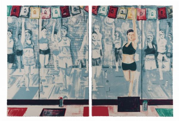Diptych by Stella Ebner with a row of red, black, and green rectangular yoga mats in the foreground. To the left, a figure wearing black shorts and a sports bra faces forward. The figure stands in a variation of dancer pose with their right arm pulling back the bent right leg and raises the left arm vertically. In the background, rows of people in monochrome cool gray tones hold variations of their teacher’s pose.