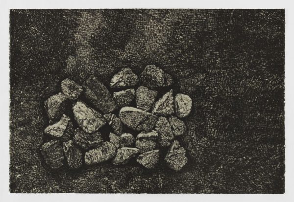 Single-color lithograph by Nina Elder with details of a mine in Silver City, New Mexico. Print features an aerial view of a pile of rock and debris in the lower left of a horizontal composition. Cross hatching in varying densities to suggest various gray tones indicate changes in elevation of the surrounding topography.