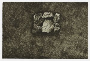 Single-color lithograph by Nina Elder with detail of a mine in South Dakota. Print features an aerial view of a pile of rock and rubble in the upper center of a horizontal composition. Dense cross hatching suggests the surrounding landscape.