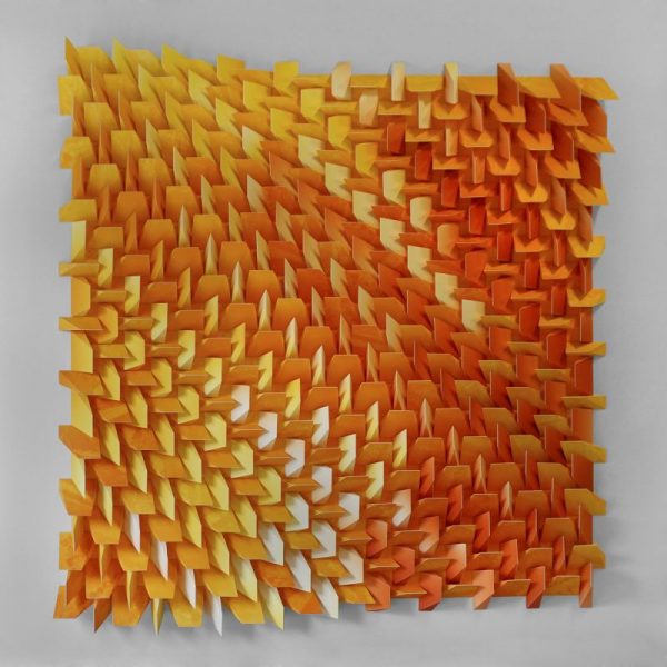 Three-dimensional, three run, five-color monoprint collage by Matthew Shlian.