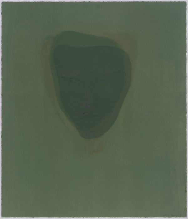 Green, abstract lithograph titled, "Green, Never Still Face," created by Maja Ruznic in 2022