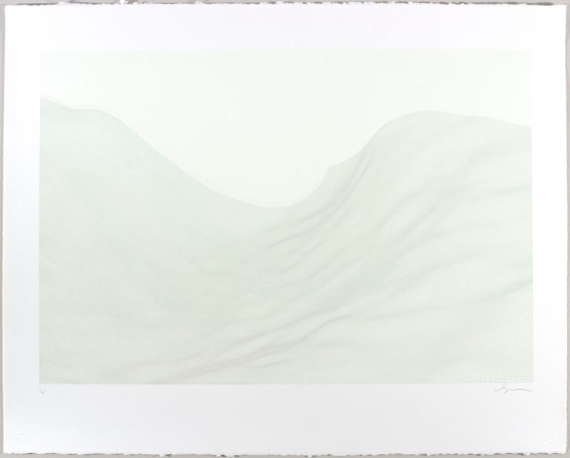 Four-color lithograph by Matthew Shlian pictured. Lithograph features a geometric parabola in green and gray tones on bisque Revere suede paper.