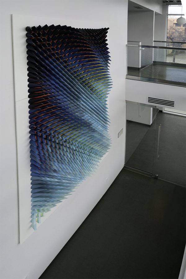 Three-dimensional, six-color lithographic monoprint collage by Matthew Shlian. 