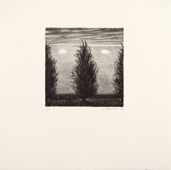 Lithograph by John Beerman with a landscape in gray tones. Three coniferous trees sit in the foreground with a painterly sky and clouds visible in the background. Two trees are partially cut off by the left and right edges of the frame.