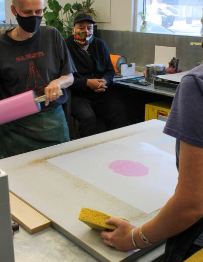 pink roller during proofing for Jeffrey Gibson