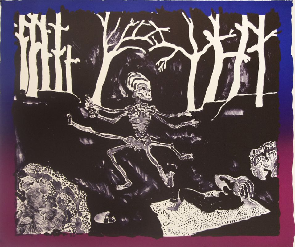 Three-color lithograph by Robert Fichter. A six-armed humanoid skeleton dances in the center midground with trees in the background.