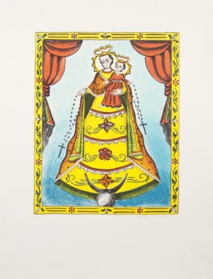 Eight-color lithography by G. Victor Goler with Our Lady of the Rosary in a blue background and framed by red stage curtains.