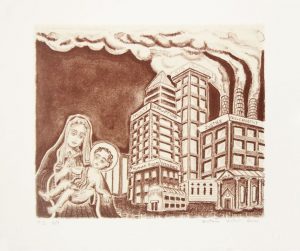 Single-color lithograph with hand-coloring and chine collé by G. Victor Goler. The Virgin Mary holds an infant Christ in the lower left of a horizontal composition. A factory spews smoke from three chimneys in the background.