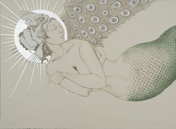 Six-color lithograph with silver leaf by Fay Ku. 