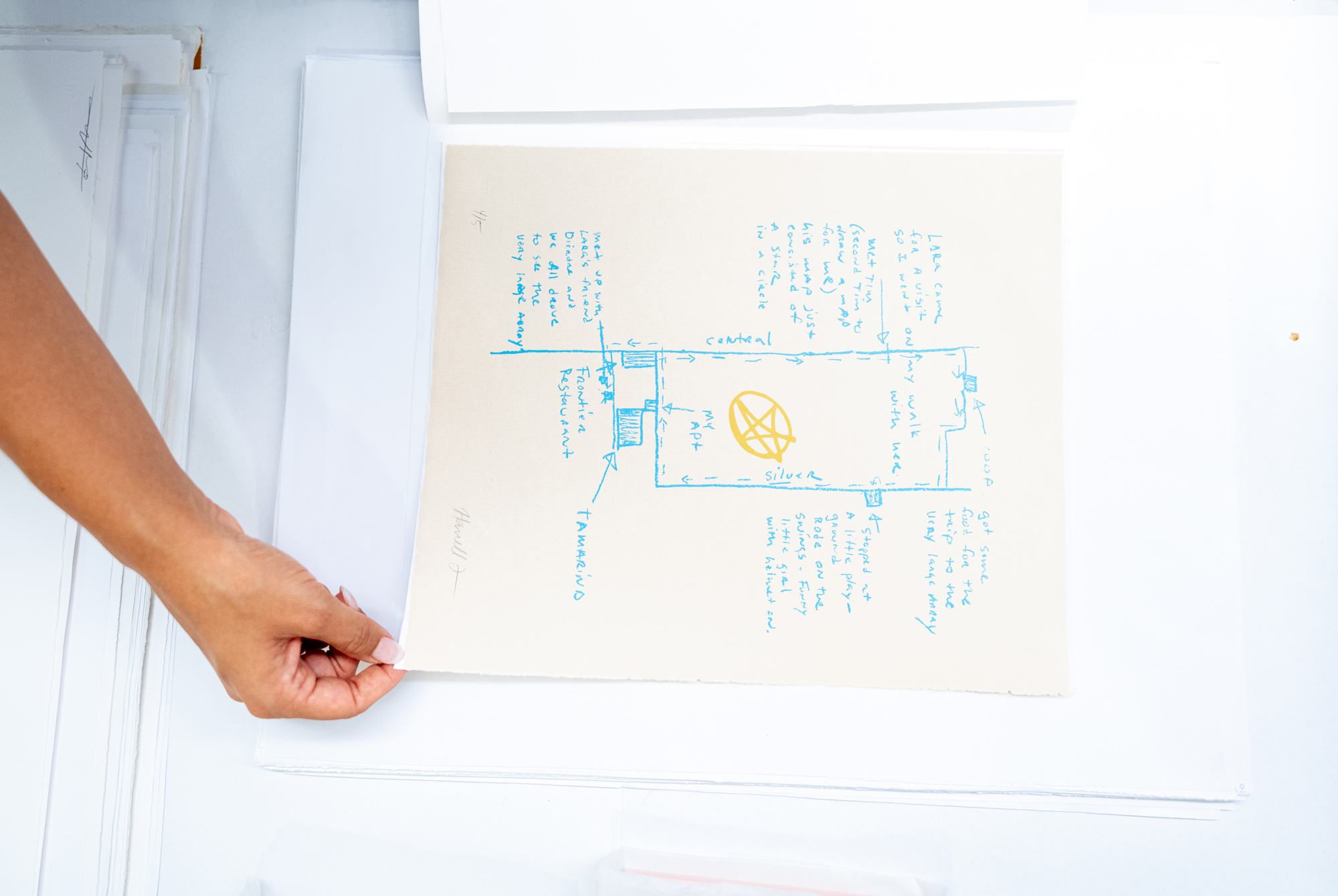 Someone handling a print on a table